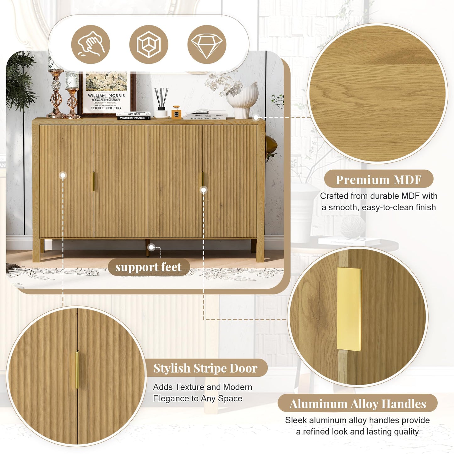 GDFStudio 58" Modern Buffet Cabinet with 4 Stripe Doors, Sideboard Storage Cabinet with Back Door Storage Racks, Shelves, Side Hooks, Coffee Bar Cabinet Credenza for Dining Room Living Room, Natural