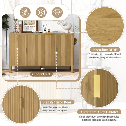 GDFStudio 58" Modern Buffet Cabinet with 4 Stripe Doors, Sideboard Storage Cabinet with Back Door Storage Racks, Shelves, Side Hooks, Coffee Bar Cabinet Credenza for Dining Room Living Room, Natural