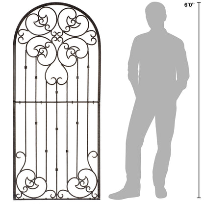 H Potter 72” Heavy Duty Garden Trellis – 60 lb Solid Iron Scrollwork Panel, 1” Metal Frame with Ground & Stabilizing Stakes (Charcoal Brown)
