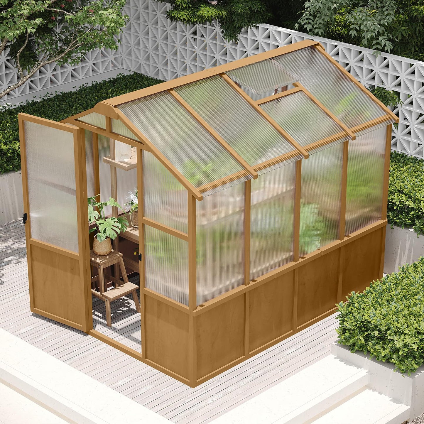 6x8 FT Outdoor Wood Greenhouse, Heavy Duty Solid Pine Wooden Walk-in Green House with 6MM Thick Polycarbonate Panels, Adjustable Roof Vent and Lockable Door, Garden House for Backyard Patio Lawn