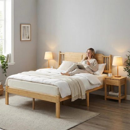 Askeld Bamboo Queen Bed Frame with Headboard, 14 inch Wood Platform Bed Frames Queen Size No Box Spring Needed, Rustic Farmhouse Heavy Duty Bedframe Noise Free, Easy Assembly