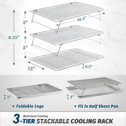 HIWARE Oven-Salf Collapsible Cooling Rack for Baking, 3 Tier 12”x 16.5”, Stainless Steel and Fit Half Sheet, Stackable Wire Cooling Racks for Cookie, Pizza, Cake
