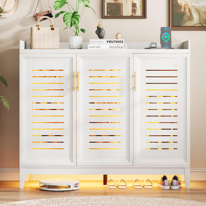 Vlsrka 6 Tier Shoe Storage Cabinet with Shutter Doors and Adjustable Shelves, Rotating Shoe Organizer Cabinet with Human Sensor Lighting, Wooden Shoe Cabinet for Entryway, Hallway, Living Room, White