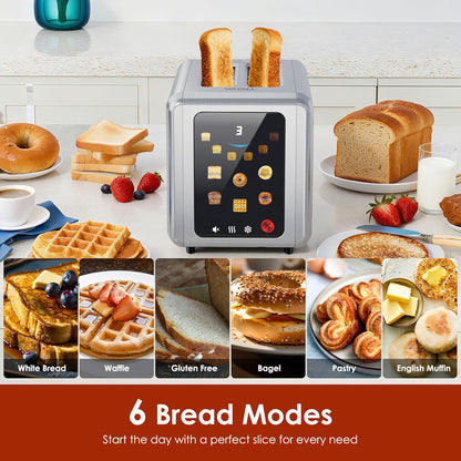 WHALL Touch Screen Toaster - 2 Slice Smart Toaster with Digital Timer & 6 Shade Settings | Stainless Steel, Silver