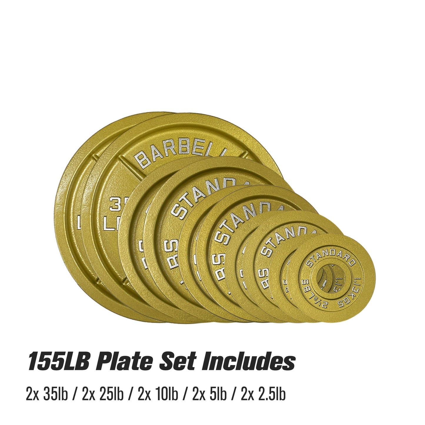 Gold Finish Olympic Steel Plates - Pairs and Sets 2 Inch Barbell Standard in Premium Gold for Weight Lifting (155lb Set)