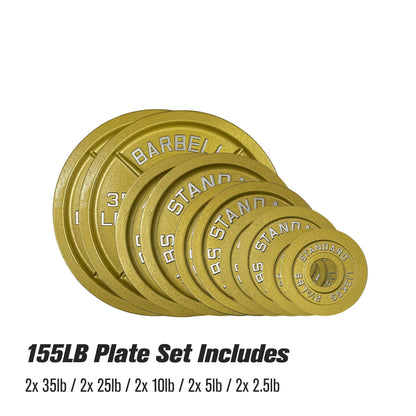 Gold Finish Olympic Steel Plates - Pairs and Sets 2 Inch Barbell Standard in Premium Gold for Weight Lifting (155lb Set)