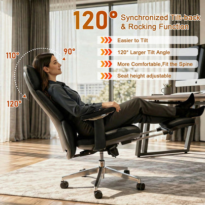 FurniBaron Genuine Leather Office Chair with Flexible Footrest, High Back Executive Office Chair with Lumbar Support, Adjustable Tilt Mechanism, Weight Capacity 400 lbs (Black)