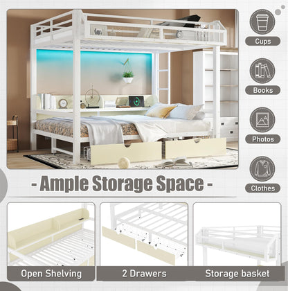 Bellemave Queen Over Queen Metal Bunk Bed with Storage Drawers and Shelves, Heavy Duty Bunk Beds with LED Lights and Charging Station for Kids,Adults,Convertible into a Sofa Bed,White