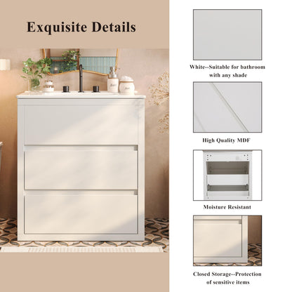 Christopher Knight Home Polla 30" Bathroom Vanity with Ceramic Sink, Wooden Bathroom Vanity Organizer, Soft Closing Door Bathroom Vanity Cabinet, Freestanding Pedestal Sink Storage Cabinet, White