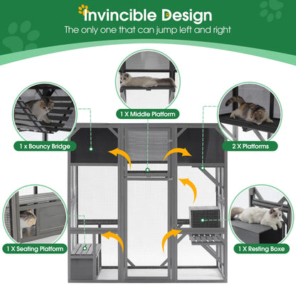 Ball & Cast Outdoor Wooden Cat House Catio Enclosure with Enter Door Kennel,Bouncy Bridge,Platforms and Small Houses,Waterproof,for Walk-in Kitty Kennel,Dark Grey