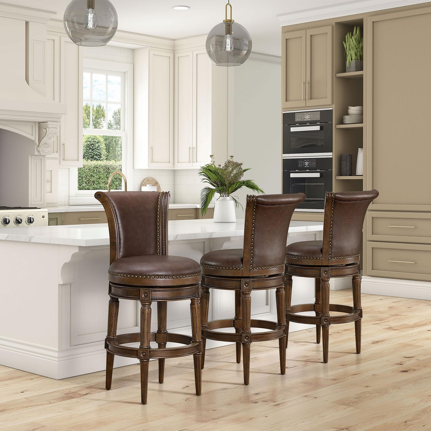 ROME + OAK Runyan 31" Swivel Bar Stool, High Back Barstool in Dark Walnut Finish with Vintage Brown Vegan Leather Seat