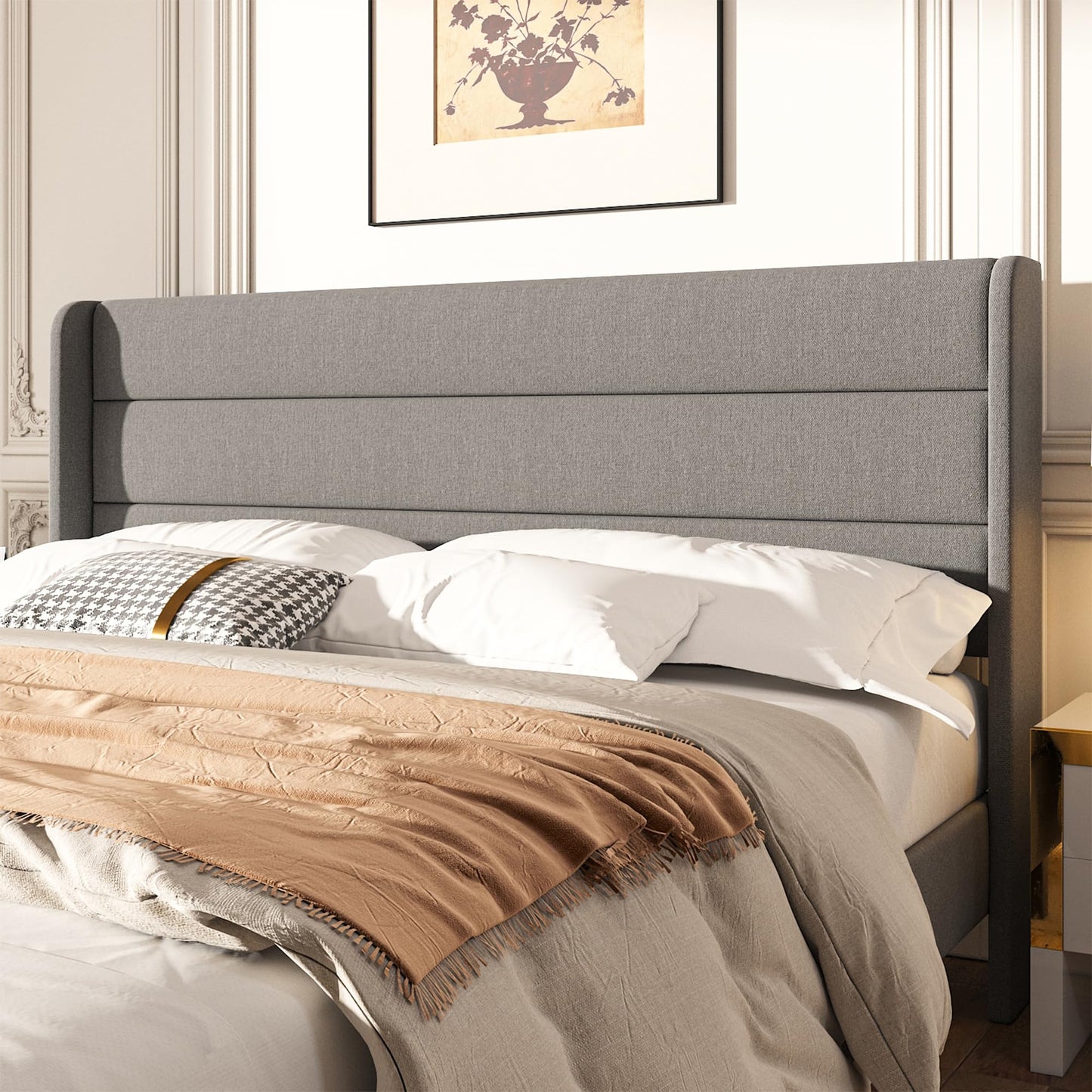 Mxhtcewz King Size Upholstered Platform Bed Frame, Modern Linen Fabric Bed with Wingback Headboard, Sturdy No Wobble, Noise-Free & Easy Assembly, No Box Spring Needed, Gray