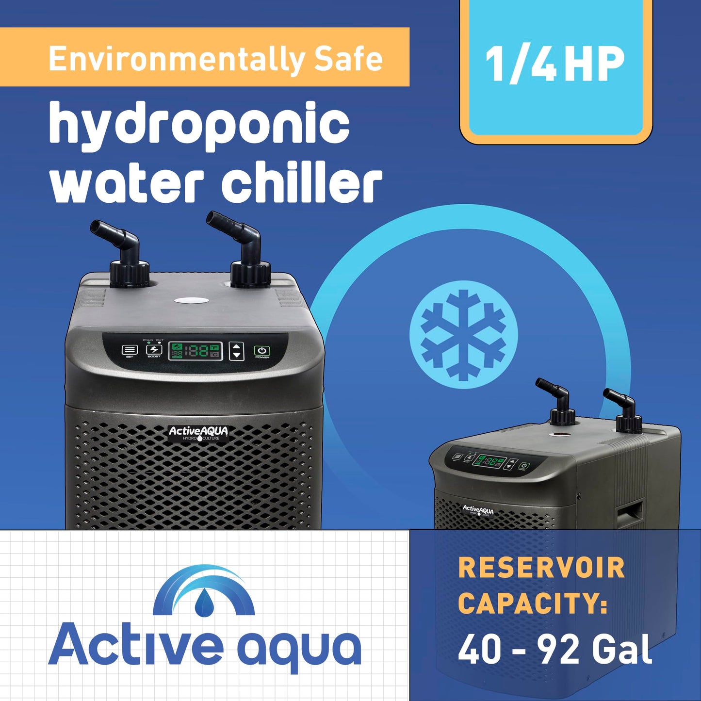 Active Aqua Hydroponic Water Chiller for Aquaponics, Plunge Baths and Aquariums, 0.25 HP - Portable Cooling System with Boost Function for 40-92 Gallon Reservoirs, Pure Titanium Evaporator Cooler