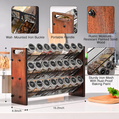 Spice Rack Organizer for Cabinet, Wooden Spice Jar Organizer with 24 Empty Jars and 180 Spice Labels for Kitchen