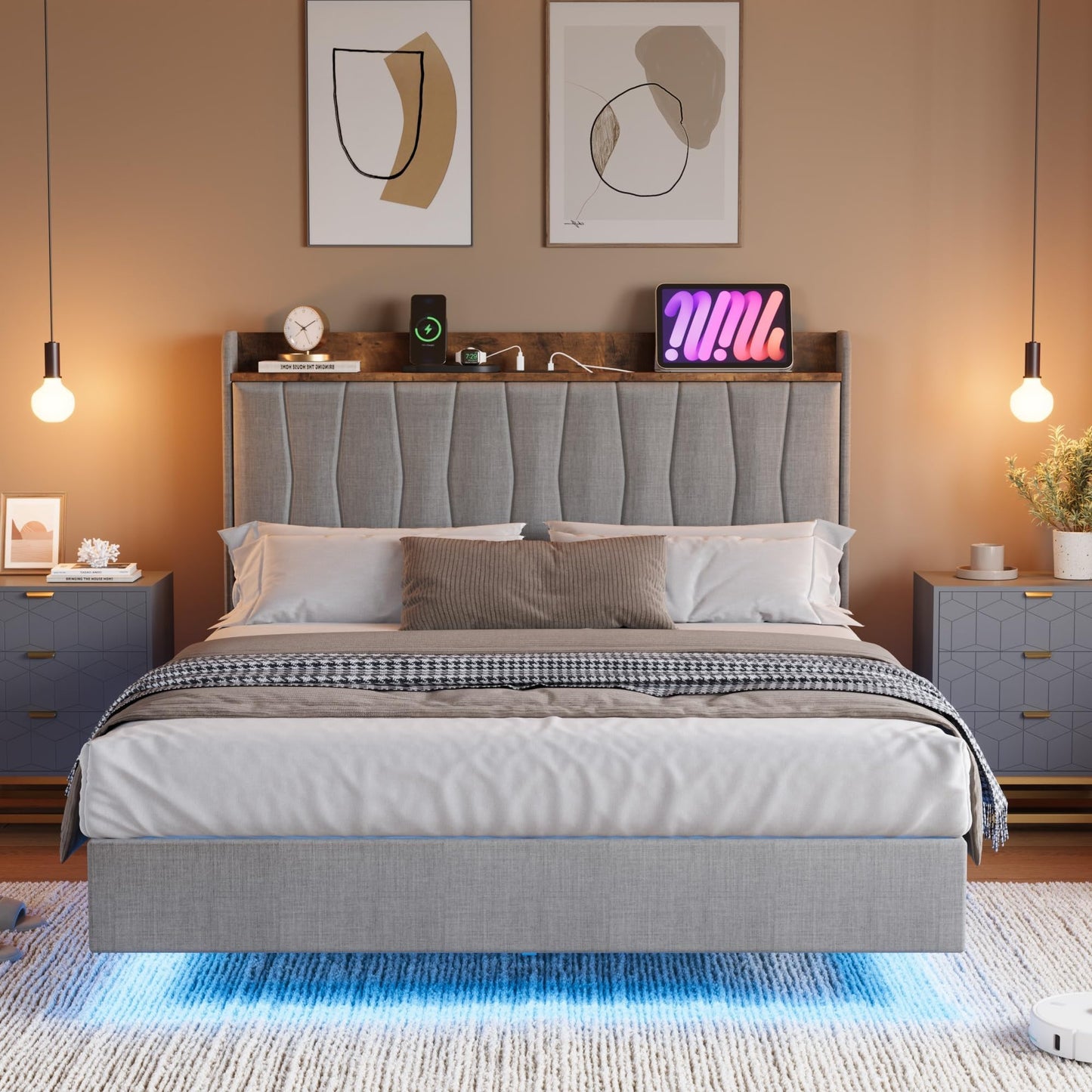 GAOMON Floating King Size Bed Frame with Upholstered Storage Headboard, Platform Bed Frame with LED Lights & Charging Station, Wood Slats Support, No Box Spring Needed, Grey