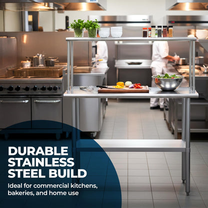 Express KitchQuip Stainless Steel Work Table with Wide Single Tier Overshelf | Metal Kitchen Prep Table & Shelving Combo (24" x 60" Work Table + 12" Overshelf)