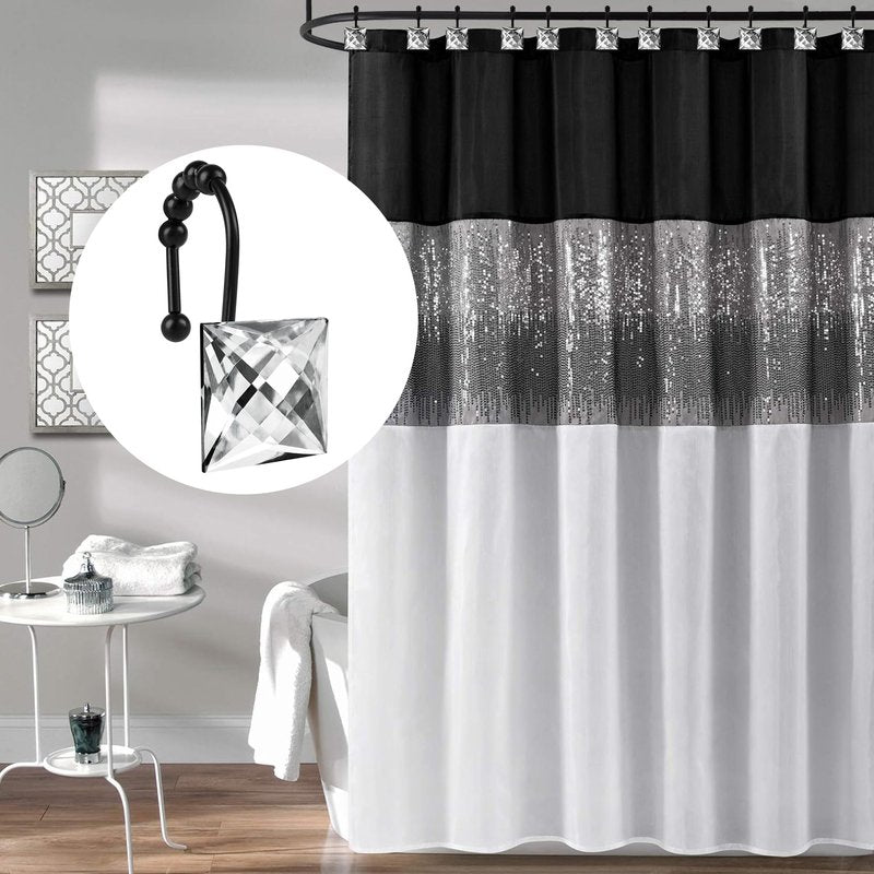 Sunlit Luxury Design Square Clear Diamond Crystal Gem Bling with Glide Balls Shower Curtain Hooks, Rust Proof Metal Rhinestones Glam Shower Curtain Rings with Black Hooks, Set of 12