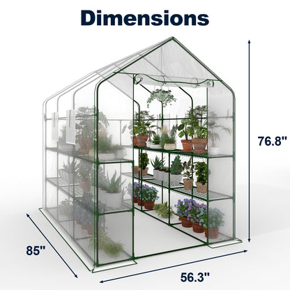 Greenhouse, 57 x 85 x 77'' Greenhouses for Outdoors, with Mesh Side Windows, PE Cover, 8 Shelves, Heavy Duty Walk in Green House for Backyard Garden Indoor, White& Green Outside