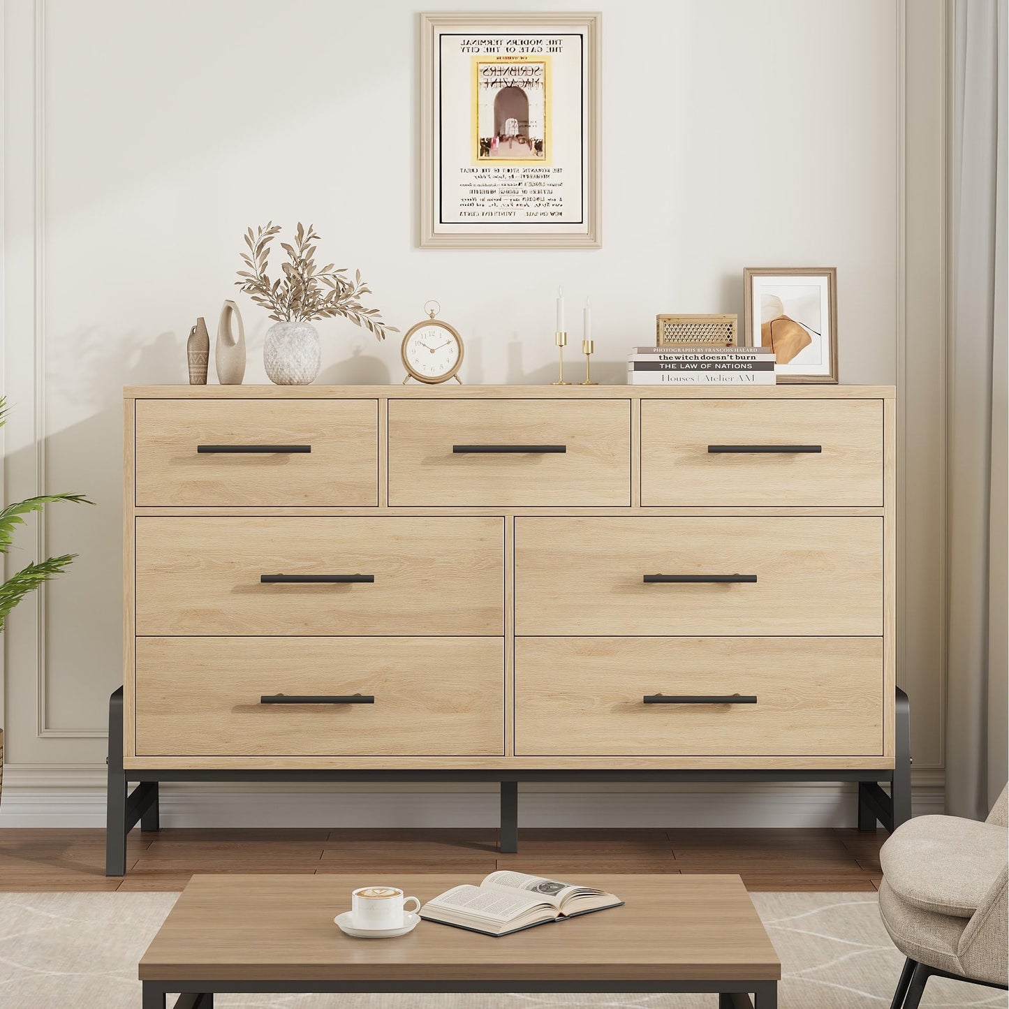 Garvee 7 Drawer Dresser, Freestanding 52 in Wide Drawer Dresser with Storage for Bedroom, Wooden Closet Storage Chest for Living Room, Natural Oak