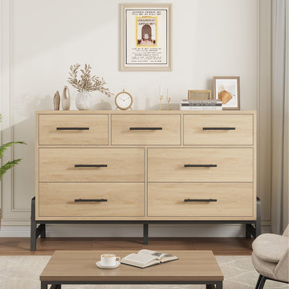 Garvee 7 Drawer Dresser, Freestanding 52 in Wide Drawer Dresser with Storage for Bedroom, Wooden Closet Storage Chest for Living Room, Natural Oak