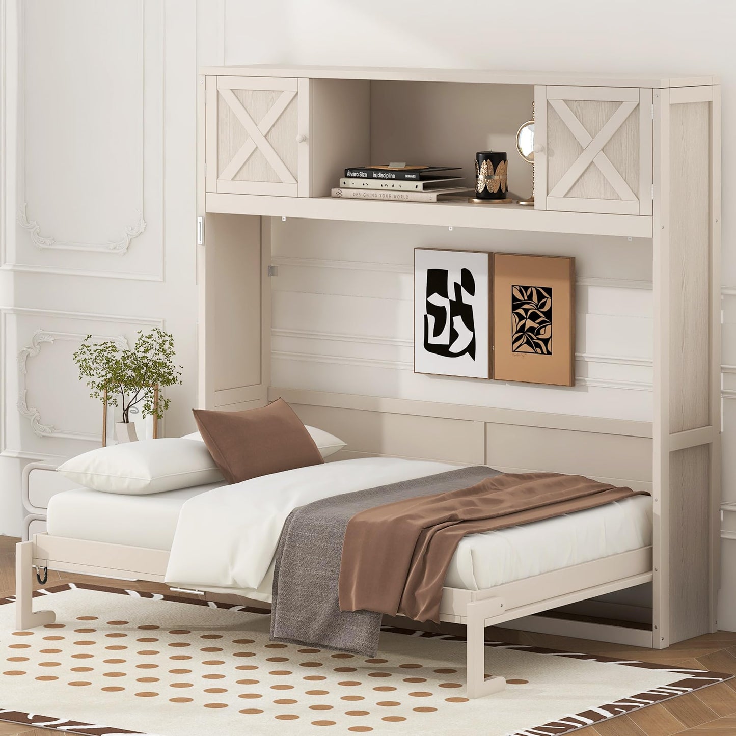 Ball & Cast Full Size Murphy Bed with Storage Cabinet,Wood Hideaway Beds,Folded Wall Bedframe for Bedroom,Guestroom,Space Saving,White