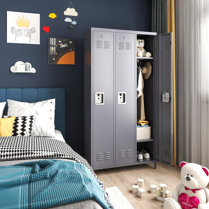 IKIMI Metal Locker 3 Doors Storage Lockers for Employee,72" Tall Locker Cabinet with Shelves and Hooks Steel Sports Staff Locker for Office School Office Gym Home Bedroom Garage