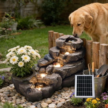 Pivotify 38.2" L Solar Water Fountain Outdoor,5-Tier Rock Waterfall Fountains Solar Powered Floor Standing Outdoor Water Feature with LED Lights for Patio, Garden,Porch, Yard, Home Art Decor（Brown）