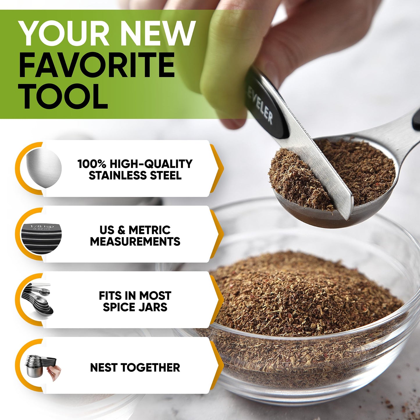 Spring Chef Magnetic Measuring Cups & Spoons Set, Patented, Strong N45 Magnets, Heavy Duty Stainless Steel Fits in Spice Jars for Baking & Cooking, BPA Free, Round Set of 15 with Leveler, Black