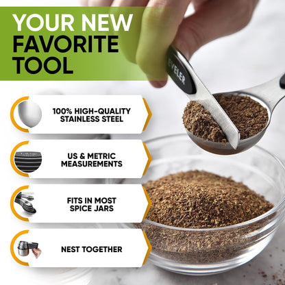 Spring Chef Magnetic Measuring Cups & Spoons Set, Patented, Strong N45 Magnets, Heavy Duty Stainless Steel Fits in Spice Jars for Baking & Cooking, BPA Free, Round Set of 15 with Leveler, Black