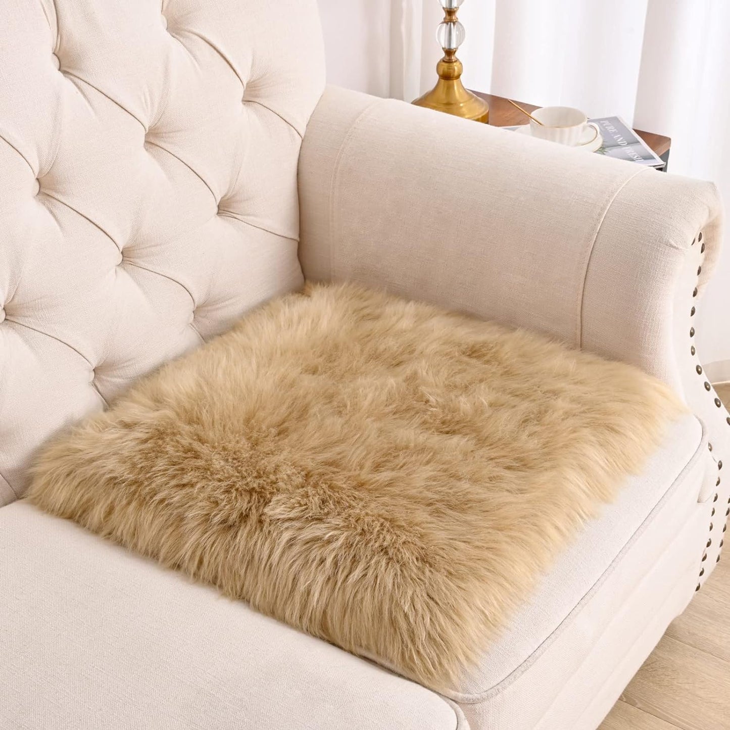 2 (1.6ft 1.6ft) Softlife Camel Faux Fur Sheepskin Chair Cover PCs Seat Cushion Pad Super Soft Area Rugs for Living