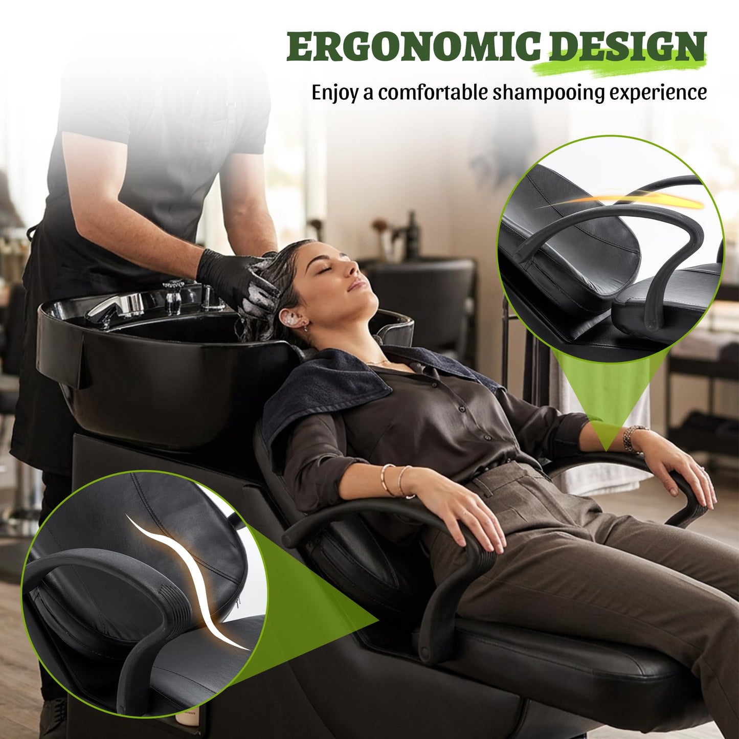 KEIKI Shampoo Bowl and Chair Set for Salon, Hair Washing Station with ABS Sink & PU Leather Chair, Ergonomic Chair with Neck Rest, Side Storage, Hot/Cold Faucet & Sprayer for Spa, Black