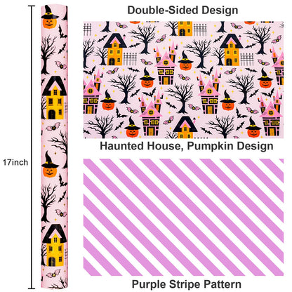 MAYPLUSS Halloween Wrapping Paper Roll, Vintage Haunted Mansion Wrapping Paper, Pink Haunted House, Pumpkin & Bat Design Halloween Day Gift Wrap for October,Holiday,Christmas Nightmare (17In X 33Ft)