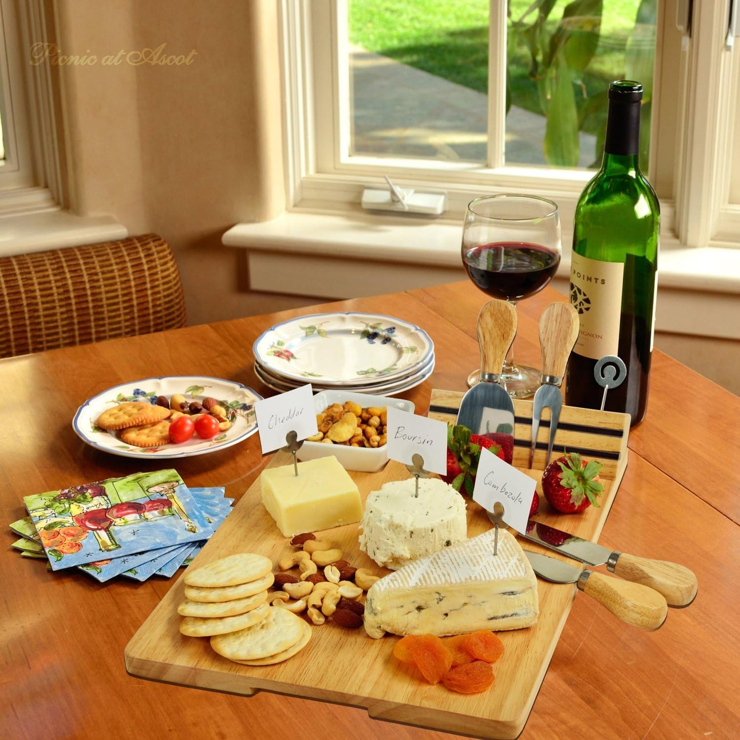 Monogrammed 4 Picnic at Ascot Personalized Laser Engraved Hardwood Board for Cheese & Appetizers - Includes Cheese