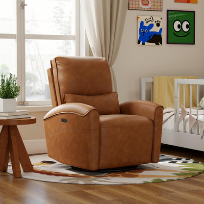 Bonzy Home Power Swivel Rocker Recliner Chair with USB Port, 23.2" Wide Seat, Fixed Lumbar Support, Upholstered Glider Chair for Nursery Living Room, Brown