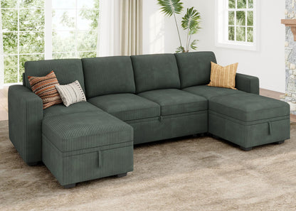 HONBAY Modular Sectional Sleeper Sofa Bed, Corduroy Pull Out Couch with Storage Ottoman, U Shaped Sectional Couches for Living Room, Green