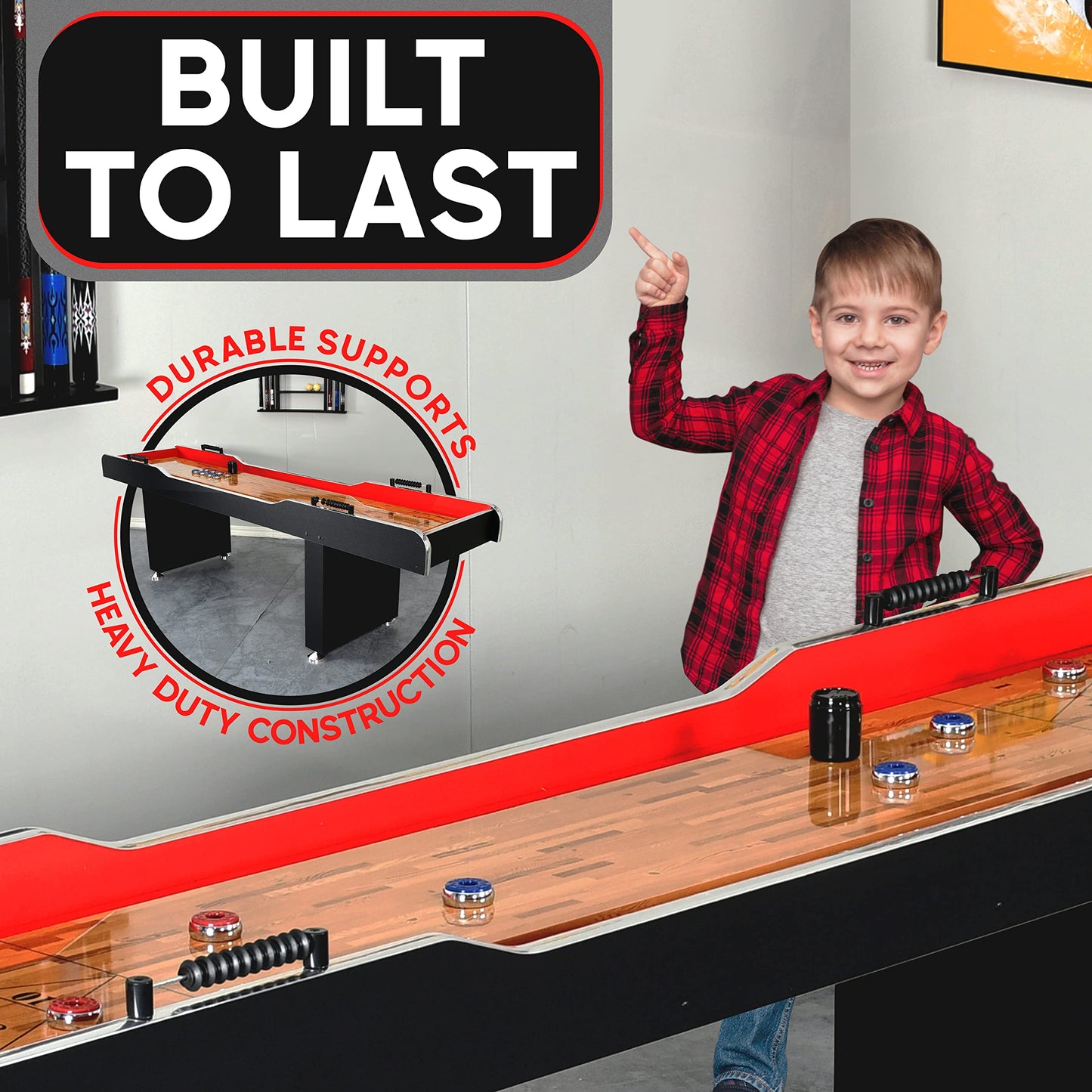 Shuffleboard Table, 9ft Poly Coated Surface, with Accessories, Abacus Style Scoring, Fast Puck Action Play, Indoor and Outdoor Portable Arcade Shuffle Board Game Table for Kids and Adults