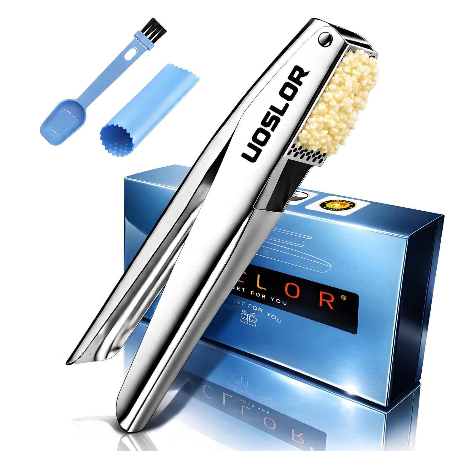 UOSLOR Garlic Press Heavy Duty Mincer and Peeler Set, Rust Proof 304 Stainless Steel Garlic Crusher, Easy-Squeeze Nut Ginger Chopper, Dishwasher Safe Kitchen Gadget