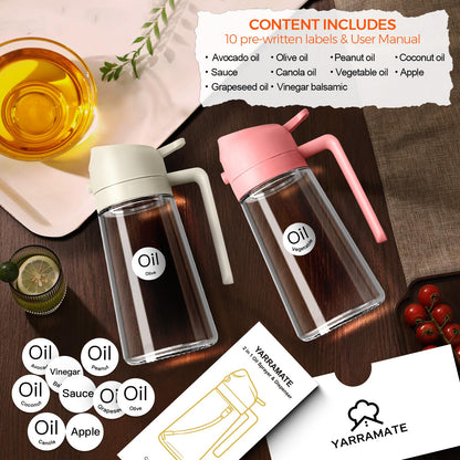 YRRAMATE 16oz/470ml Glass Olive Oil Sprayer for Cooking with Stickers, 2 in 1 Oil Dispenser for Kitchen Gadgets, Food Grade Premium Spray Bottle for Salad, Frying, BBQ (Creamy White)