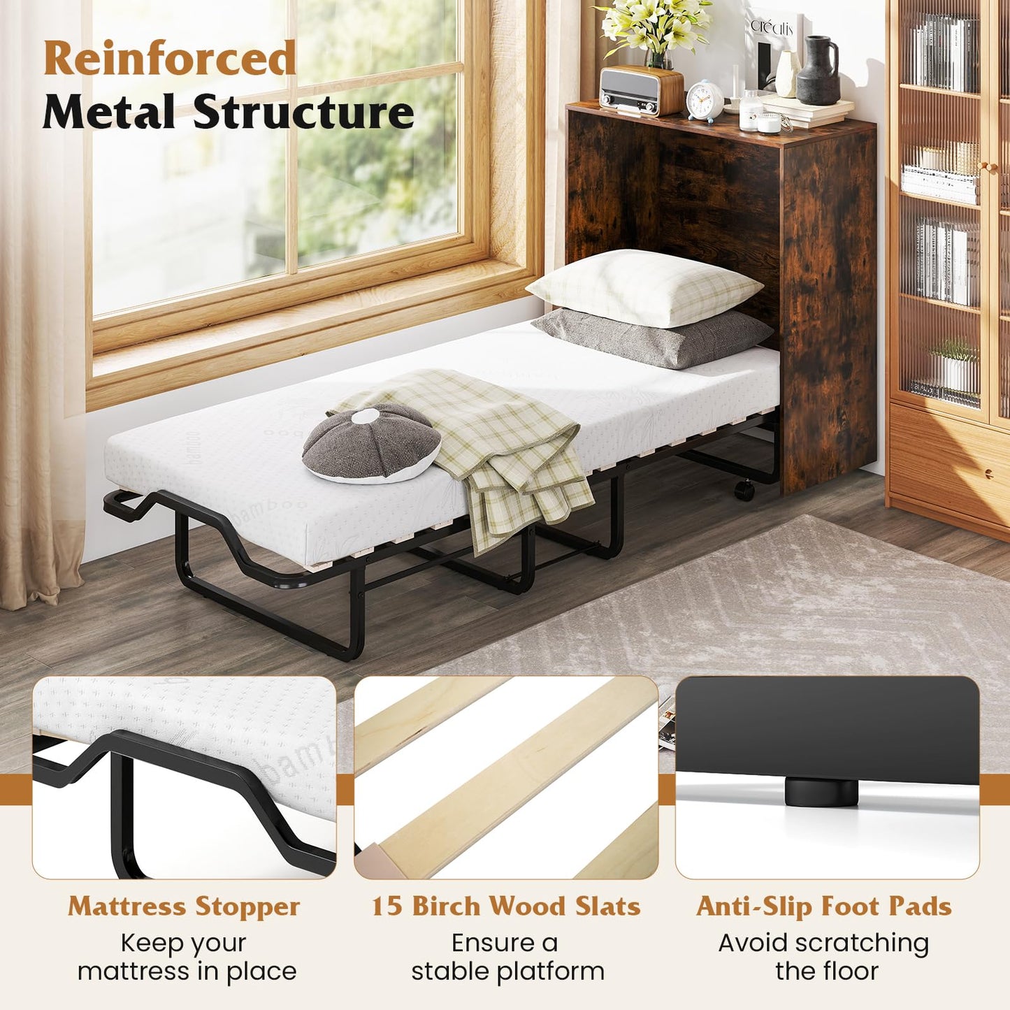 Giantex Murphy Bed Cabinet with Mattress Included, 74" x 31" Cot Size Fold Out Bed with Storage & Lockable Wheels, Metal Frame, 2 in 1 Roll Away Bed with Mattresses for Adults Guests