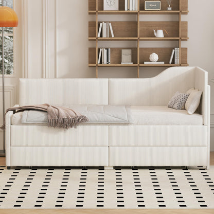 GDFStudio Twin Size L Shaped Corduroy Daybed Upholstered Bed Frame with 2 Storage Drawers Wooden Slats Semi Enclosed Design No Box Spring Needed, Beige