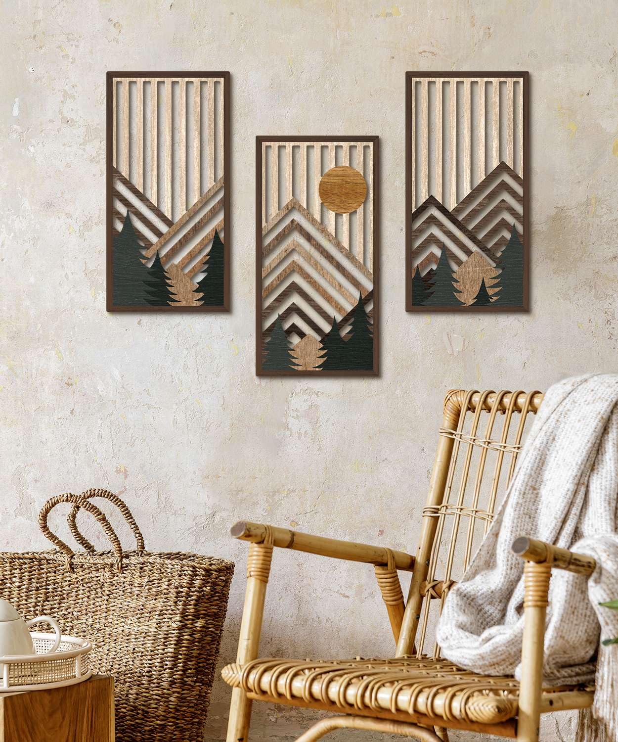 Putuo Decor Boho Mountain Wall Art Set of 3, Rustic Wooden Wall Decor, Nature-Inspired Geometric Artwork, Mid-Century Modern Aesthetic for Living Room, Bedroom, Office Brown 16.5 x 8.6 inch