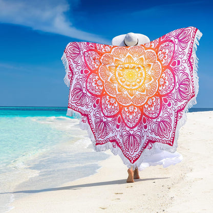 Tassels,59'',Purple Large Microfiber Boho Mandala Beach Towel Round Bohemian Beach Blanket Hippie Indian Throw Blanket