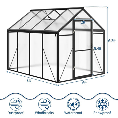6x8 FT Greenhouse for Outdoors, Polycarbonate Greenhouse with Roof Vent, Ground Nails, Lockable Push Door, Aluminum Large Walk-in Green House for Outside Garden Backyard, Patio, Lawn, Black