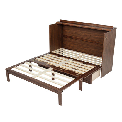 PVWIIK Queen Size Murphy Bed Cabinet with Power Station & Large Drawer for Bedroom,Pine Wood Folding Chest Bed with Rattan Panel, Space-Saving Wall Bed, Walnut