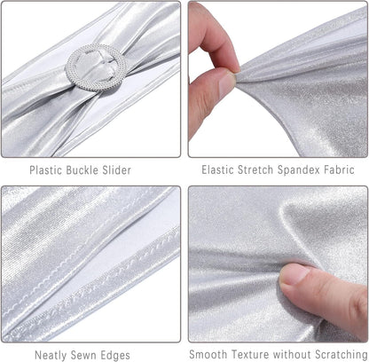 MDS Spandex Foil Chair Sashes - Universal Elastic Stretch Bands with Buckle for Weddings | Metallic Silver, Pack of 200
