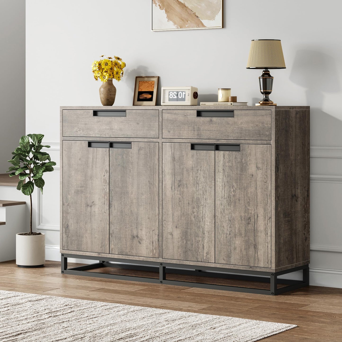 GAOMON 55" Large Sideboard Cabinet, Modern Buffet Cabinet with 4 Doors and 2 Drawers, Buffet Sideboard with Adjustable Shelves and Gold Accents for Dining Room, Kitchen, Entryway Oak
