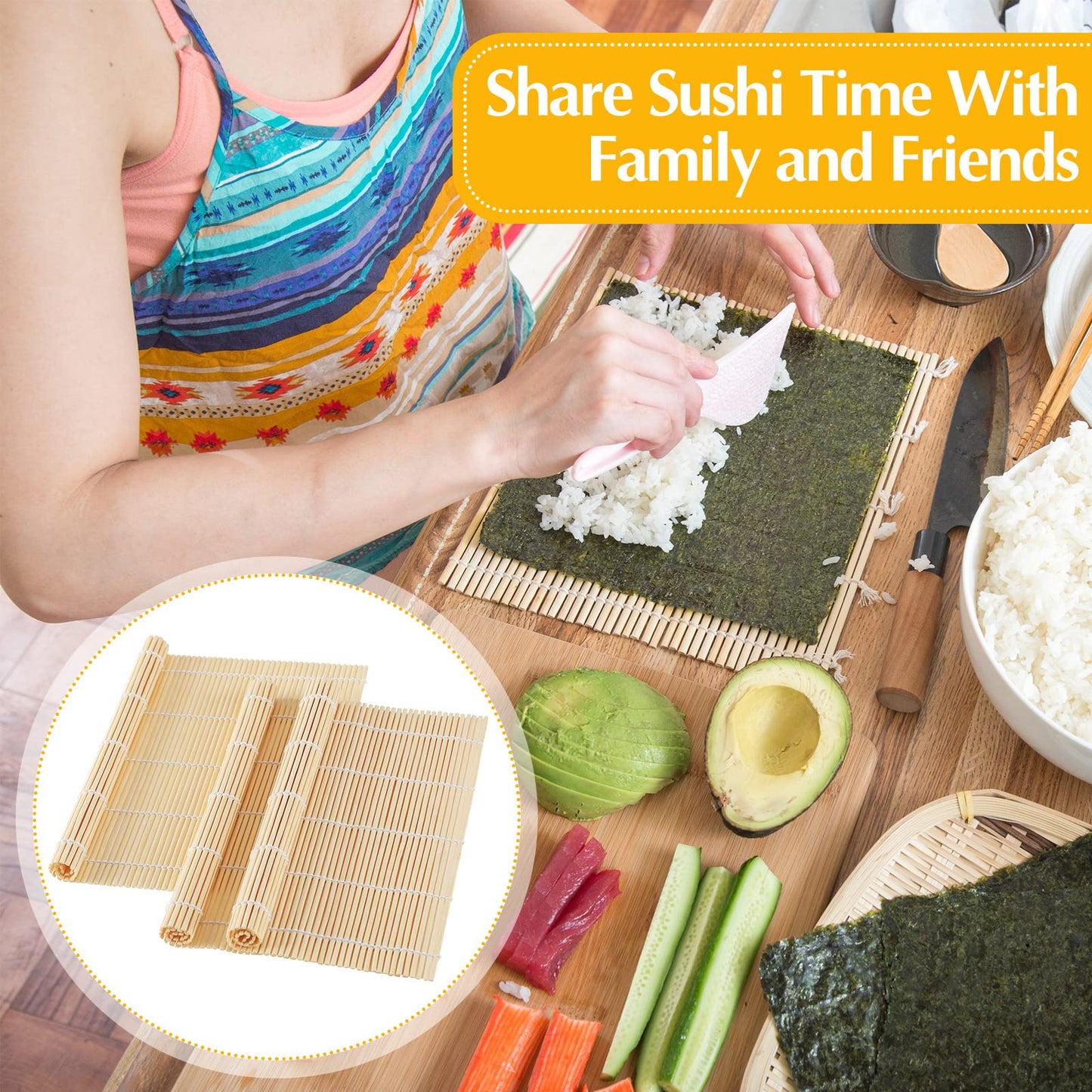 Hoolerry 24 Pcs Sushi Mat Bulk Bamboo Sushi Making Roller Non Stick Square Rolling Mat for Home Party Supplies, 9.5" x 9.5"