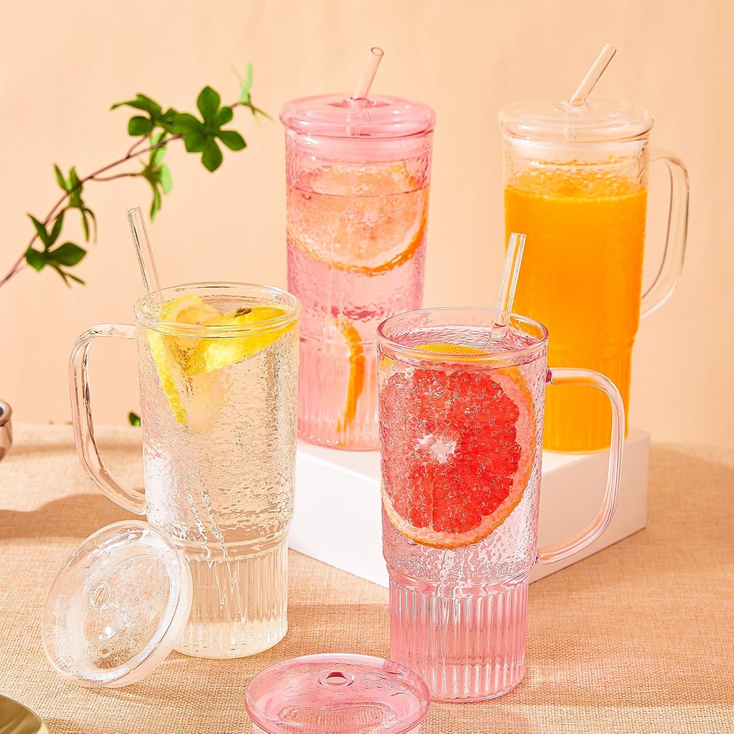 24oz 2 Pack GOSCHE Glass Cups with Lids and Straws, Clear Iced Coffee Cups with Handle, Glass Tumbler with Straw
