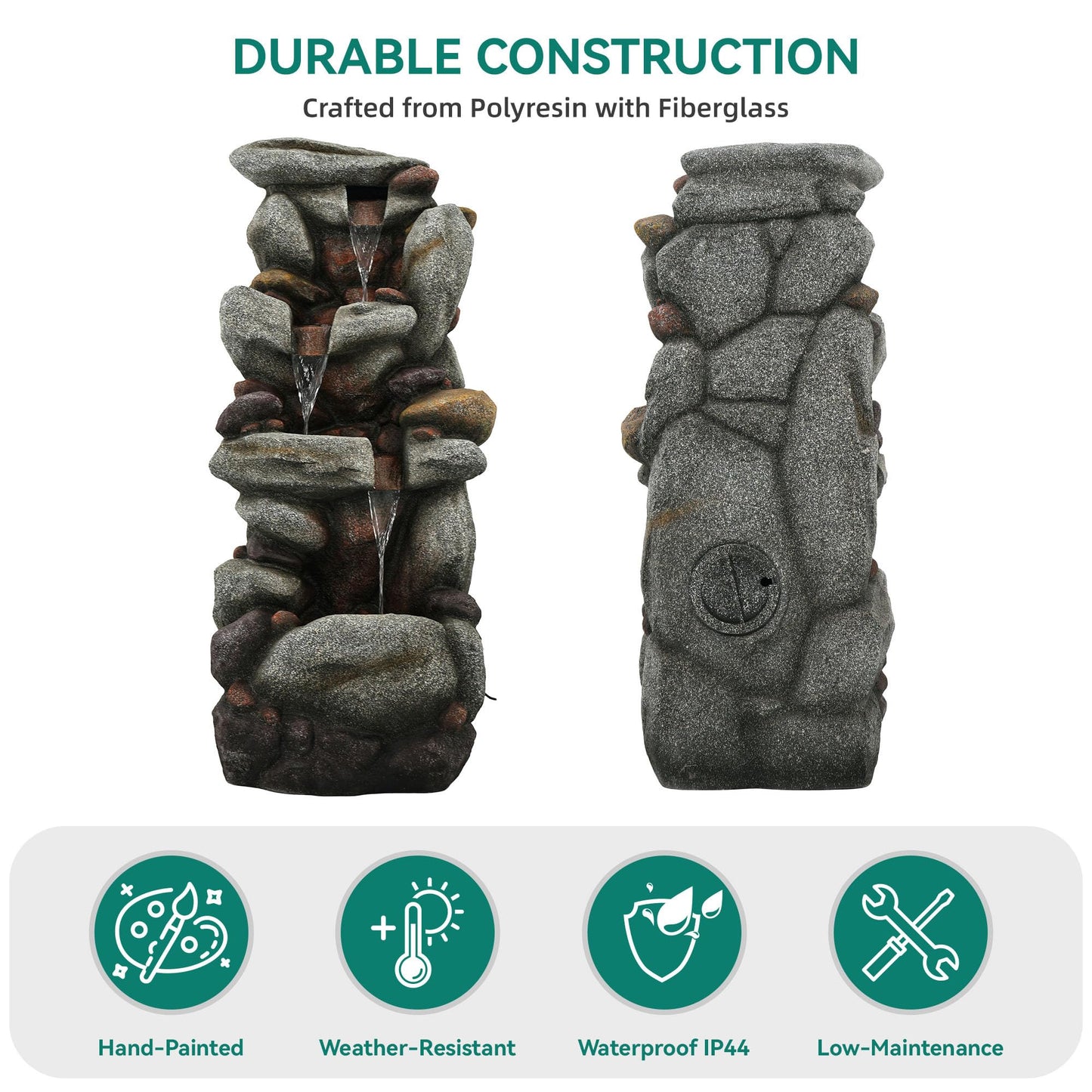 Utym 40" H Oversized Rock Outdoor Fountain with Warm LED Lights, 3-Tier Extra-Large Stacked River Pebbles Waterfall, Weather-Resistant Resin Feature for Garden Patio Yard
