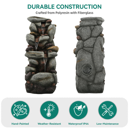 Utym 40" H Oversized Rock Outdoor Fountain with Warm LED Lights, 3-Tier Extra-Large Stacked River Pebbles Waterfall, Weather-Resistant Resin Feature for Garden Patio Yard